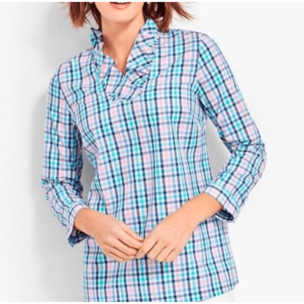 Talbots Cotton Pastel Plaid Ruffle Neck Pullover Tunic Top